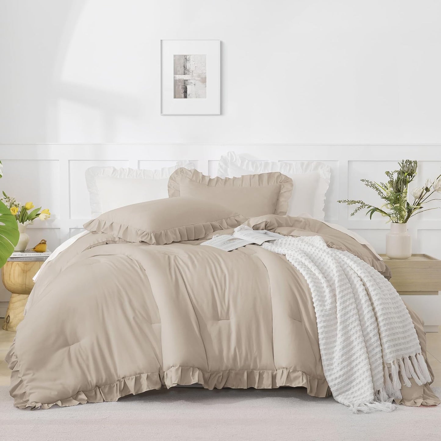 Wheat Ruffle Comforter Set, 2 Pieces Kids Comforter Set Twin(66X90Inch), Farmhouse Shabby Chic Comforter Set, Soft Microfiber Kids Bedding Set