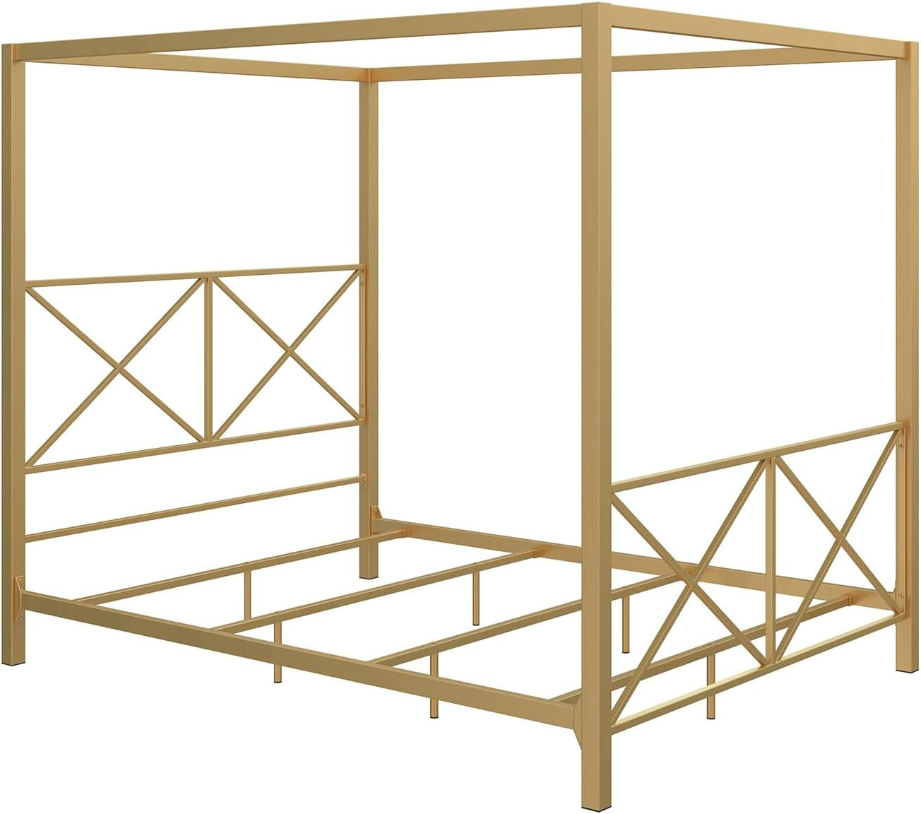 Rosedale Metal Canopy Bed Frame with Four Poster Design and Geometric Accented Headboard and Footboard, Underbed Storage Space, Queen, Gold