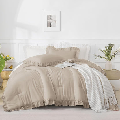 Wheat Ruffle Comforter Set, 2 Pieces Kids Comforter Set Twin(66X90Inch), Farmhouse Shabby Chic Comforter Set, Soft Microfiber Kids Bedding Set
