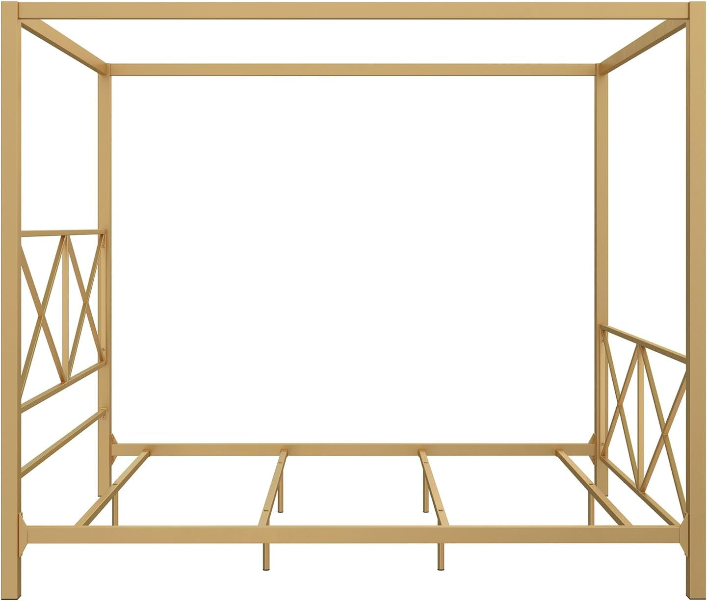 Rosedale Metal Canopy Bed Frame with Four Poster Design and Geometric Accented Headboard and Footboard, Underbed Storage Space, Queen, Gold