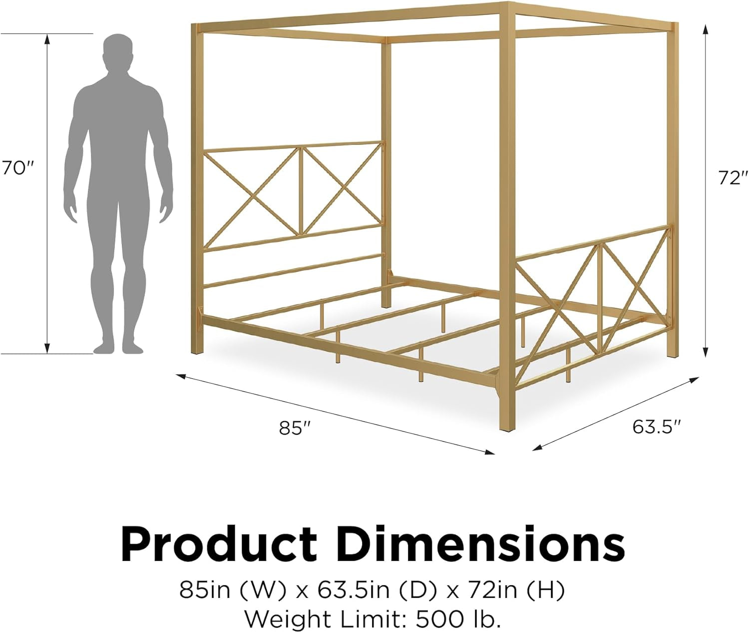 Rosedale Metal Canopy Bed Frame with Four Poster Design and Geometric Accented Headboard and Footboard, Underbed Storage Space, Queen, Gold