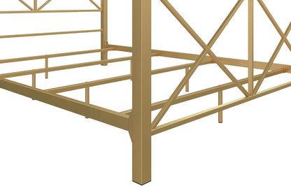 Rosedale Metal Canopy Bed Frame with Four Poster Design and Geometric Accented Headboard and Footboard, Underbed Storage Space, Queen, Gold