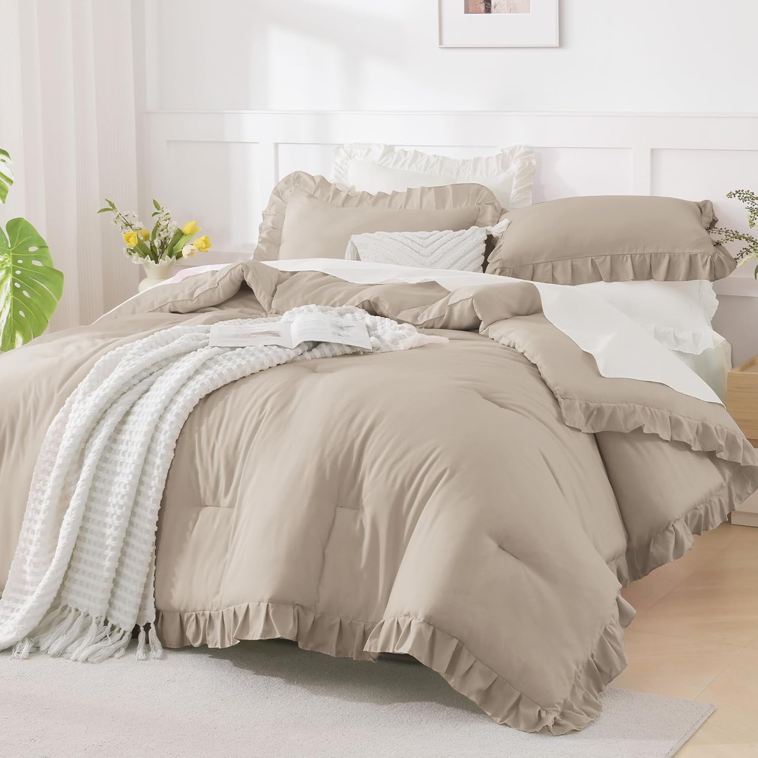 Wheat Ruffle Comforter Set, 2 Pieces Kids Comforter Set Twin(66X90Inch), Farmhouse Shabby Chic Comforter Set, Soft Microfiber Kids Bedding Set