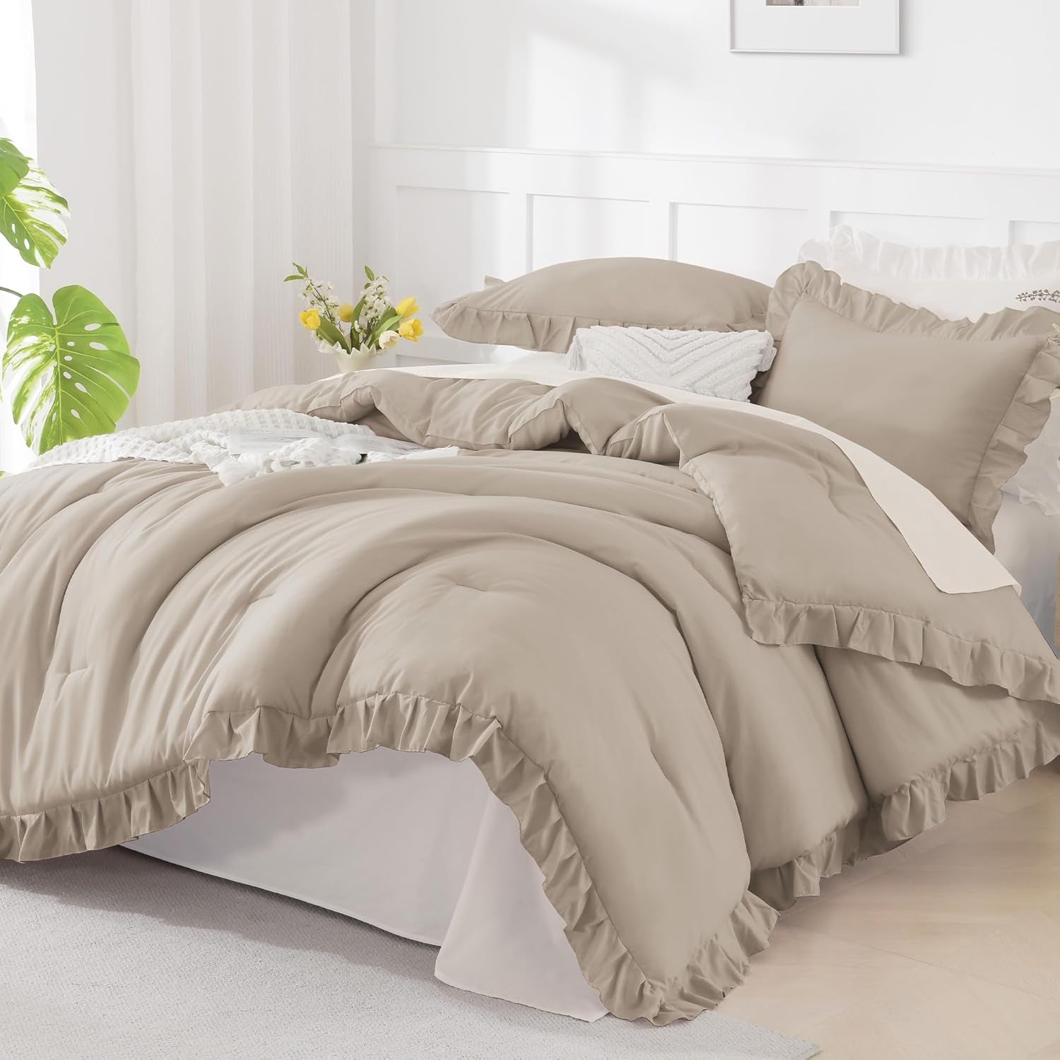Wheat Ruffle Comforter Set, 2 Pieces Kids Comforter Set Twin(66X90Inch), Farmhouse Shabby Chic Comforter Set, Soft Microfiber Kids Bedding Set