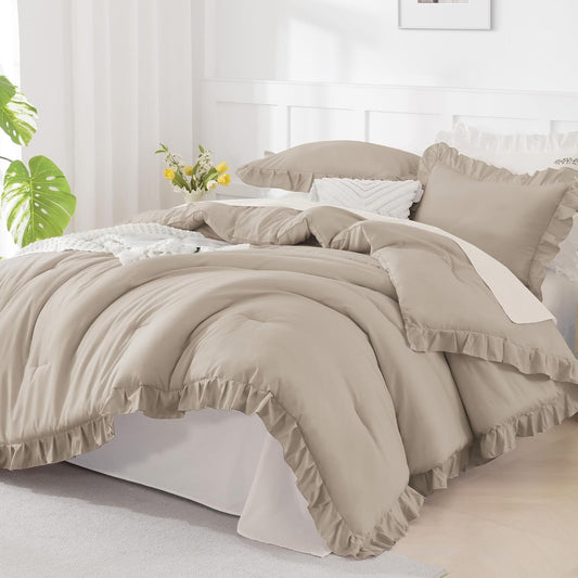 Wheat Ruffle Comforter Set, 2 Pieces Kids Comforter Set Twin(66X90Inch), Farmhouse Shabby Chic Comforter Set, Soft Microfiber Kids Bedding Set